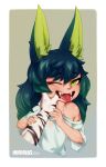 absurd_res animal_ears animal_humanoid barbed_tongue blush breasts clothing duo felid felid_humanoid feline feline_humanoid female hi_res humanoid mammal mammal_humanoid size_difference small_breasts smaller_female solo_focus teeth thumb_in_mouth tongue tongue_out