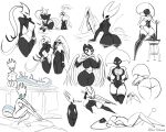 anthro arthropod bathing belly bent_over black_body blue_eyes breasts butt chair cloak clothed clothing eyelashes eyes_closed female furniture genitals grimm_(hollow_knight) group hi_res hollow_knight horn hornet_(hollow_knight) lace_(hollow_knight) latiar legwear male melee_weapon nail_(weapon) nude pale_daughter partially_submerged pussy question_mark rock shakra_(hollow_knight) speech_bubble sword tail team_cherry text water weapon whip white_body