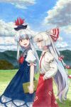  2girls :d blue_dress blue_hair blue_headwear blue_sky book bow brown_eyes closed_eyes cloud collared_shirt commentary_request dress fujiwara_no_mokou grass hair_bow hand_in_pocket highres holding holding_book juliet_sleeves kamishirasawa_keine light_blue_hair long_hair long_sleeves looking_at_another marker_(medium) mountainous_horizon multiple_girls neckerchief ofuda ofuda_on_clothes open_mouth outdoors pants puffy_sleeves red_bow red_neckerchief red_pants shiratama_(hockey) shirt sky smile suspenders touhou traditional_media two-tone_bow very_long_hair white_bow white_hair white_shirt 