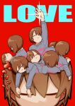 6+others :| =_= androgynous arm_up blue_sweater brown_hair child clone closed_eyes closed_mouth english_text expressionless frisk_(undertale) heart hole_in_head hollow_body long_sleeves lying mini_person multiple_others on_back outstretched_arm red_background short_hair simple_background size_difference sweater tadeno undertale upper_body 