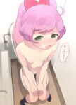  1girl :o aged_up ahoge black_socks blush bow breasts embarrassed from_above green_eyes hair_bow highres hyakumangoku_masurao indoors knees_together_feet_apart long_hair looking_at_viewer manaka_laala nipples nose_blush nude on_toilet open_mouth pink_bow pretty_series pripara purple_hair sitting small_breasts socks solo speech_bubble sweat thigh_gap toilet translated trembling twintails 