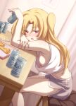  1girl alcohol armpits azur_lane beer_can blonde_hair blush can chair cleveland_(azur_lane) clock curtains cushion drink_can drunk elbow_rest food french_fries grey_shorts hair_intakes hand_on_own_arm hand_up head_on_arm holding holding_can indoors knees_together_feet_apart leaning_forward long_hair looking_at_viewer loose_clothes loose_shirt midriff nipple_slip nipples open_can open_mouth pizza pizza_box pizza_slice red_eyes shirt shorts side_ponytail sitting table tank_top tongue white_shirt wooden_floor yuki_shizuku 