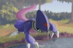  absurdres all_fours bemmon blurry blurry_background chain claws commentary digimon digimon_(creature) facial_mark forehead_mark grass head-mounted_display highres lake looking_down no_humans notaventura reflection tail 