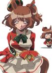  1990s_(style) animal_ears aston_machan_(umamusume) bow bowtie breasts brown_hair chibi crown dress highres horse_ears horse_girl horse_tail large_breasts mini_crown red_sash retro_artstyle sash short_hair side_ponytail simple_background sin_emu tail umamusume upper_body white_background yellow_eyes 