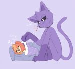 anthro canid canine canis catnap_(poppy_playtime) cheesefries dogday_(poppy_playtime) domestic_cat domestic_dog duo english_text felid feline felis fur jewelry male mammal open_mouth poppy_playtime purple_body simple_background sleeping smile smiling_critters tail text