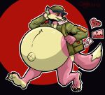 absurd_res anthro belly big_belly canid canine claws clothed clothing cupid digital_media_(artwork) english_text feet fm_(lddc) fox fur heart_symbol hi_res inflation king_goon male mammal navel open_mouth outie_navel overweight overweight_anthro overweight_male pawpads paws pink_body pink_fur simple_background smile solo tail text toes x_navel yellow_body yellow_fur