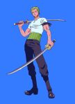  1boy bandana bandana_around_arm black_bandana black_pants blurry blurry_background dual_wielding earrings expressionless full_body green_hair haramaki highres holding holding_sword holding_weapon jewelry male_focus minachao0307 one_piece pants roronoa_zoro shirt short_hair sideburns simple_background single_earring solo sword tight_clothes tight_shirt toned toned_male weapon white_shirt 