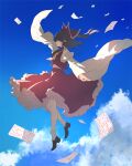  1girl absurdres ascot black_footwear blue_sky bow brown_hair cloud commentary_request detached_sleeves flying frilled_bow frilled_hair_tubes frilled_skirt frills hair_bow hair_tubes hakurei_reimu highres iris-san medium_hair red_bow red_shirt red_skirt shirt skirt skirt_set sky socks solo touhou white_sleeves white_socks wide_sleeves yellow_ascot 