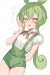  1girl blush green_hair green_shorts heart heart-shaped_pupils heart_in_mouth highres looking_at_viewer low_ponytail naughty_face open_mouth paragasu_(parags112) pea_pod short_shorts shorts sketch smile solo suspender_shorts suspenders symbol-shaped_pupils voicevox zundamon 