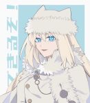  1girl animal_hat blue_eyes breasts buttons cat_hat character_request coat copyright_request fur-trimmed_coat fur-trimmed_headwear fur_trim hat highres kano201215 long_hair medium_breasts open_mouth sidelocks smile solo white_fur white_hair white_headwear 