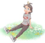  1boy :d blue_eyes blush_stickers eyelashes flabebe flower goh_(pokemon) grass grey_footwear grey_shirt highres male_focus medium_hair on_head open_mouth pants pokemon pokemon_(anime) pokemon_(creature) pokemon_journeys pokemon_on_head pokesumomo red_socks shirt shoes short_sleeves sitting smile socks teeth upper_teeth_only white_flower 