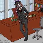 alcohol anthro beverage black_bottomwear black_business_suit black_clothing black_footwear black_pants black_shoes black_suit black_topwear black_vest blade book bookshelf bottomwear brown_body brown_fur brown_hair building business business_attire business_suit businesswear businesswoman ceo chair clothing company company_name dagger desk detailed detailed_background eye_scar eyebrow_scar eyebrow_slit eyebrows facial_scar fedora female footwear formal formal_clothing formal_suit formal_wear fur furniture gold_(metal) gold_button gold_button_(fastener) gold_buttons gun hair handgun hat headgear headwear holster holstered_pistol holstered_revolver horse_statue knife lagomorph leporid mafia mammal melee_weapon mob_boss money multicolored_body multicolored_ears name_plate necktie office office_chair office_desk office_setting owner ownership pants pistol pistol_holster purple_body purple_eyes purple_inner_ear purple_skin rabbit rabbitemperor11 ranged_weapon red_necktie revolver safe_(container) scar shelf shirt shirt_collar signature simple_background skyscraper solo suit suit_and_tie suit_jacket swivel_chair table text textured_background topwear vanessa_rose_(rabbitemperor11) vest weapon white_body white_clothing white_fur white_shirt white_shirt_collar white_topwear white_undershirt window window_seat window_sill wine wine_bottle