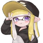  1girl :q baseball_cap black_headwear black_sweater blonde_hair blush commentary hat inkling inkling_girl inkling_player_character long_hair looking_at_viewer pointy_ears purple_eyes sh_f0y simple_background sleeves_past_wrists solo splatoon_(series) sweater tentacle_hair tongue tongue_out two-tone_sweater upper_body v white_background white_sweater 