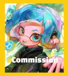  1girl black_jacket black_sweater blonde_hair blue_eyes blue_hair border commission earrings esa_(no_chirasu1) eyebrow_cut fangs highres inkling inkling_girl inkling_player_character jacket jewelry medium_hair multicolored_hair open_mouth pointy_ears single_earring solo splatoon_(series) splatoon_3 sweater tentacle_hair turtleneck turtleneck_sweater two-tone_hair upper_body yellow_border 