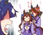  3girls =_= animal_ears bow breasts brown_hair commentary_request ear_covers ear_ornament from_behind gentildonna_(umamusume) hair_between_eyes hair_ornament highres horse_ears long_hair long_sleeves massage medium_breasts multiple_girls open_mouth pleated_skirt purple_serafuku purple_shirt purple_skirt sailor_collar school_uniform serafuku shaded_face shirt simple_background single_ear_cover skirt surprised tracen_school_uniform translation_request twintails umamusume verxina_(umamusume) vivlos_(umamusume) white_background white_bow white_headwear winter_uniform yonedatomo_mizu 