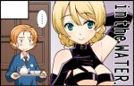  ... 2girls :| arm_behind_head bangs black_border black_gloves black_neckwear black_shirt blonde_hair blue_eyes blue_sweater blush border braid breast_cutout breasts circle_cut circle_name closed_mouth cup darjeeling_(girls_und_panzer) dominatrix door dress_shirt elbow_gloves emblem eyebrows_visible_through_hair girls_und_panzer gloves halterneck holding holding_tray indoors jitome long_sleeves looking_at_another looking_at_viewer medium_breasts multiple_girls necktie orange_hair orange_pekoe_(girls_und_panzer) parted_bangs school_uniform shirt short_hair smile spoken_ellipsis st._gloriana&#039;s_school_uniform standing sweatdrop sweater teacup teapot tied_hair tray twin_braids unamused uona_telepin v-neck white_shirt wing_collar 