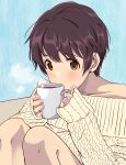  1girl aran_sweater bare_shoulders blue_background blush breasts brown_eyes brown_hair cable_knit coffee_mug collarbone cup dot_nose drinking hands_up highres holding holding_cup idolmaster idolmaster_cinderella_girls idolmaster_cinderella_girls_starlight_stage knees_up large_breasts looking_at_viewer mouth_hold mug nail_polish off-shoulder_sweater off_shoulder oikawa_shizuku pink_nails short_hair simple_background sitting sleeves_past_wrists solo steam sweater white_sweater youhei_(testament) 