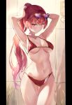  1girl armpits bare_shoulders bathroom_sign blush bra breasts cleavage hands_on_own_head heart heart-shaped_eyewear highres hololive houshou_marine large_breasts long_hair looking_at_viewer navel no_eyepatch panties plant potted_plant red_bra red_eyes red_hair red_panties sign smile solo tile_wall tiles twintails underwear virtual_youtuber yellow_eyes yuiko_0421 
