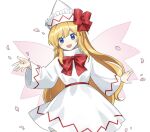  1girl :d blonde_hair blue_eyes bow bowtie dress fairy fairy_wings falling_petals hat hat_bow kaigen_1025 lily_white long_hair long_sleeves petals pointy_hat red_bow red_sash sash simple_background smile solo touhou very_long_hair white_background white_dress white_headwear wide_sleeves wings 