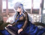  1girl black_dress blue_eyes blue_hair blue_sky breasts closed_mouth cloud cloudy_sky collarbone day dress gijang hanbok indoors korean_clothes large_breasts long_hair long_sleeves looking_at_viewer original sitting sky smile solo 
