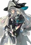  2girls arknights ascot black_dress black_headwear dress grey_ascot grey_hair habit highres long_hair looking_at_another mie_xing multiple_girls nun pantyhose pointy_hat shark skadi_(arknights) specter_(arknights) thighhighs thighhighs_over_pantyhose very_long_hair 