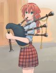  1girl bagpipes braid commentary_request emma_verde freckles hair_ribbon highres instrument irenji long_hair love_live! love_live!_school_idol_festival_all_stars music plaid plaid_skirt playing_instrument red_hair ribbon skirt solo twin_braids 
