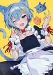  1boy animal_ears apron bell blob_(google) blue_eyes blue_hair blue_tail bow bowtie cat_boy cat_day cat_tail collarbone fang flat_chest frilled_apron frilled_wrist_cuffs frills ha_ru_ta_38 highres looking_at_viewer maid maid_apron male_focus misskey.io murakami-san_(misskey.io) neck_bell number_hair_ornament one_eye_closed open_mouth otoko_no_ko puffy_short_sleeves puffy_sleeves red_bow red_bowtie red_ribbon ribbon short_sleeves simple_background skin_fang smile solo tail wrist_cuffs yellow_background 