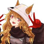  1girl :d animal_ear_fluff animal_ears arknights black_jacket braid breasts brown_hair ceobe_(arknights) chomo_o12 commentary_request dog_ears double_w ears_through_headwear gloves grey_shirt hair_between_eyes hands_up highres jacket long_hair long_sleeves looking_at_viewer medium_breasts open_clothes open_jacket puffy_long_sleeves puffy_sleeves red_eyes red_gloves shirt simple_background smile solo twin_braids w white_background white_headwear 