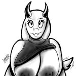 anthro areola big_areola big_breasts black_and_white breasts clothed clothing clothing_lift dgm2k female horn mature_female monochrome raised_clothing raised_shirt raised_topwear shirt shirt_lift shirt_up solo tail tail_motion tailwag topwear toriel undertale undertale_(series) wide_hips