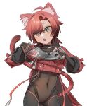  1boy ahoge amain_dudu animal_ear_fluff animal_ears black_choker black_gloves blush cat_boy cat_ears cat_tail choker claw_pose covered_navel cropped_jacket facing_viewer fang gloves hair_between_eyes highres holostars holostars_english jacket looking_at_viewer machina_x_flayon machina_x_flayon_(1st_costume) male_focus open_mouth red_eyes red_hair red_jacket revealing_clothes short_hair solo standing strap tail tight_clothes upper_body virtual_youtuber white_background 