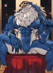 absurd_res accipitrid accipitriform anthro avian bird blue_body blue_feathers chest_tuft claws eagle eye_patch eyewear feathers featureless_crotch feet finger_claws hi_res horus_(tas) ksfrost lifewonders male muscular muscular_male navel null pecs sitting solo spread_legs spreading talons toes tokyo_afterschool_summoners tuft white_body white_feathers