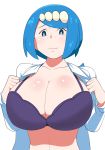  blue_eyes blue_hair bra breasts chelsea_cola_v hair_ornament highres huge_breasts korean_commentary looking_at_viewer mature open_clothes open_shirt pokemon purple_bra short_hair simple_background smile suiren&#039;s_mother_(pokemon) underwear 
