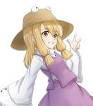  1girl blonde_hair brown_headwear clenched_teeth dot_nose dutch_angle hat highres looking_at_viewer medium_hair moriya_suwako purple_skirt purple_vest shirt skirt sleeves_past_fingers sleeves_past_wrists smile solo tarumaru teeth touhou upper_teeth_only vest w white_shirt wide_sleeves yellow_eyes 