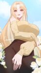  1girl arm_under_breasts artist_name bare_shoulders blonde_hair blue_sky blurry breasts brown_skirt chinese_commentary clothing_cutout commentary_request commission cowboy_shot depth_of_field fingernails flower from_below hair_intakes hand_on_own_elbow highres large_breasts light_blush long_hair long_sleeves looking_at_viewer mixed-language_commentary orange_eyes original shoulder_cutout signature skeb_commission skirt sky smile solo standing sweater tebamaru white_flower yellow_flower yellow_sweater 