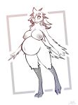 absurd_res anthro avian beak belly big_belly big_breasts bird breasts bubo_(genus) female genitals hair hi_res huge_breasts lodi_(artist) long_hair looking_at_viewer navel nipples nude owl pregnant pseudo_hair restricted_palette sketch snowy_owl solo spots standing thick_thighs true_owl winged_arms wings