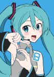  1girl :d black_sleeves blue_background blue_eyes blue_hair blue_nails blue_necktie blush collared_shirt detached_sleeves dot_nose frilled_shirt frills grey_shirt hair_between_eyes hatsune_miku headset heart heart_hands index_finger_raised long_hair long_sleeves looking_at_viewer nail_polish necktie open_mouth shirt sidelocks sleeveless sleeveless_shirt smile solo supo01 twintails upper_body vocaloid 