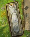 absurd_res anthro bladapacha blush bovid camera caprine clothing cloven_hooves coffin dress female fia_(arielcelestia) fingers flower funeral gown grass hi_res hooved_fingers hooves lavender_(flower) lying mammal notebook on_back petals plant playing_dead sheep solo wreath