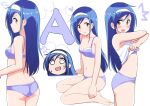  1girl ^^^ ass back barefoot blank_eyes blue_bra blue_hair blue_panties bokutachi_wa_benkyou_ga_dekinai bow bow_bra bow_panties bra breasts camisole camisole_lift closed_mouth clothes_lift commentary_request crotch_seam flying_sweatdrops from_behind from_side frown furuhashi_fumino heart highres letter lifted_by_self long_hair looking_at_viewer looking_back mocchisake mole mole_under_eye multiple_views navel open_mouth panties puff_of_air sitting small_breasts smile standing sweatdrop swept_bangs underwear underwear_only white_camisole white_hair yellow_eyes yokozuwari 