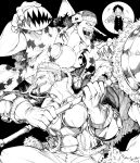  3boys absurdres arlong armor black_background clenched_teeth don_krieg fighting_stance fish_boy gloves greyscale grin hawaiian_shirt headband highres holding holding_weapon monkey_d._luffy monochrome multiple_boys one_piece open_clothes open_mouth open_shirt pants plate_armor sharp_teeth shirt short_hair simple_background smile teeth weapon yotsumi_shiro 