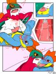  3:4 anthro avian blush bodily_fluids croconaw cum cum_in_ass cum_inside cumshot digital_media_(artwork) duo ejaculation genital_fluids genitals hawlucha hi_res internal male male/male nintendo open_mouth penis petro_(artist) pok&eacute;mon pok&eacute;mon_(species) sweat teeth tongue tongue_out video_games 