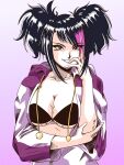  black_bra black_eyes black_hair bra breasts cleavage collarbone han_juri highres hood hoodie jacket looking_at_viewer multicolored_hair open_clothes open_jacket pink_hair sidelocks smile streaked_hair street_fighter tedbob84 two_side_up underwear 