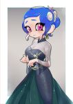  1girl black_dress blue_hair border breasts cleavage closed_mouth doro_mizu_831 dress earrings eyelashes green_dress grey_background highres jewelry octoling octoling_girl octoling_player_character outside_border pink_eyes ponytail short_hair solo splatoon_(series) standing strapless strapless_dress tentacle_hair two-tone_dress white_border wide_sleeves 