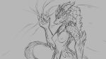  16:9 2020 anthro breasts breath_powers claws dragon elemental_manipulation female fire fire_breathing fire_manipulation grey_background horn magic monochrome nipples nude scales scalie simple_background solo watsup widescreen 