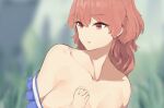  1girl blurry blurry_background breasts collarbone commentary_request hair_down large_breasts medium_hair onozuka_komachi open_mouth outdoors red_eyes red_hair solo ssrkma touhou upper_body 