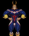  1boy abs absurdres all_might bara biceps black_background blonde_hair blue_eyes boku_no_hero_academia bulge commission covered_nipples feet_out_of_frame hand_on_own_hip highres large_pectorals long_hair looking_at_viewer male_focus manly mature_male muscular muscular_male nipples pectorals simple_background smirk solo spandex suit teeth thick_arms thick_eyebrows thick_thighs thighs yetigo_art 