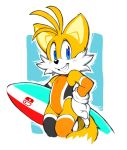  2_tails anthro blue_eyes canid canine cheek_tuft clothing dipstick_tail erosuke facial_tuft fox fur gloves handwear hi_res legwear male mammal miles_prower multi_tail multicolored_tail one-piece_swimsuit orange_body orange_fur simple_background smile solo sonic_the_hedgehog_(series) surfboard swimwear teeth thigh_highs tuft vehicle watercraft white_background yellow_body yellow_fur 