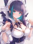  1girl animal_ears aqua_eyes azur_lane black_hair blush breasts cheshire_(azur_lane) cleavage commentary_request detached_sleeves frills highres large_breasts looking_at_viewer maid_headdress mole mole_on_breast multicolored_hair ribbon short_hair smile solo streaked_hair thighhighs two-tone_hair wrist_cuffs yuekuratsu 