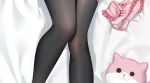  1girl 71150521_(user_agrk2888) animal_bag bed_sheet brown_thighhighs cat_bag danganronpa_(series) danganronpa_2:_goodbye_despair feet_out_of_frame frilled_panties frills highres lower_body nanami_chiaki panties pink_bag pink_panties solo thighhighs underwear unworn_panties 