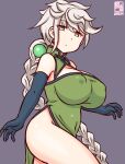 1girl alternate_costume artist_logo asymmetrical_hair blush braid breasts brown_background china_dress chinese_clothes covered_nipples dated dress gradient_background green_dress grey_hair huge_breasts kanon_(kurogane_knights) kantai_collection large_breasts long_hair looking_at_viewer one-hour_drawing_challenge single_braid solo unryuu_(kancolle) very_long_hair wavy_hair white_hair yellow_eyes 
