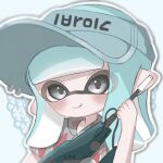  1girl :q blue_background blue_hair blue_headwear closed_mouth commentary grey_hair gun hawaiian_shirt holding holding_gun holding_weapon inkling inkling_(language) inkling_girl inkling_player_character jet_squelcher_(splatoon) looking_at_viewer medium_hair pointy_ears sh_f0y shirt short_hair simple_background solo splatoon_(series) tentacle_hair tongue tongue_out upper_body visor_cap weapon 